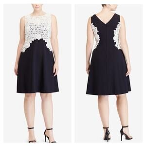 Lauren Ralph Lauren Plus Size Lace-Bodice Crepe Dress Navy Ivory 14W
